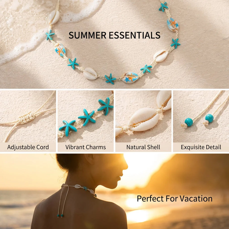 Cowrie Shell Boho Choker with Blue Starfish Beads