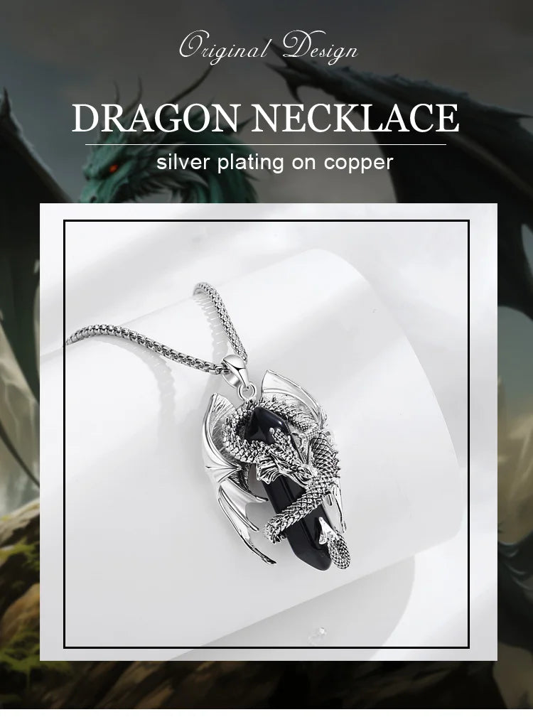 Eudora Dragon Twining Hexagonal Obsidian Prismatic Necklace Punk Healing Stone Crystal Pendant personality Jewelry Gift for Man