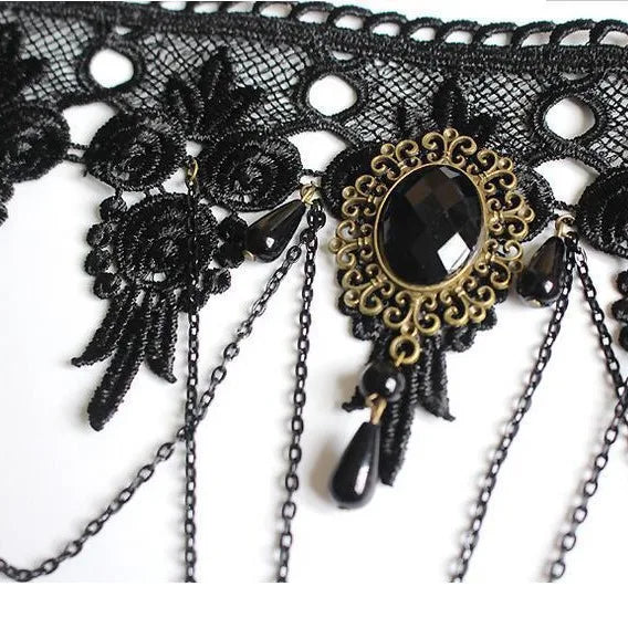 NEW Gothic Victorian Black Water Drop Pendant Lace Necklace Women Girl Tassel Steampunk Style Halloween Jewelry Earings for Girl - Charlie Dolly
