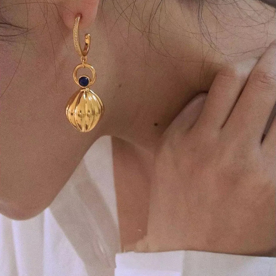 Nutmeg series original design retro artistic lapis lazuli earings long Ancient gold crafts glossy earrings for women jewelry - Charlie Dolly