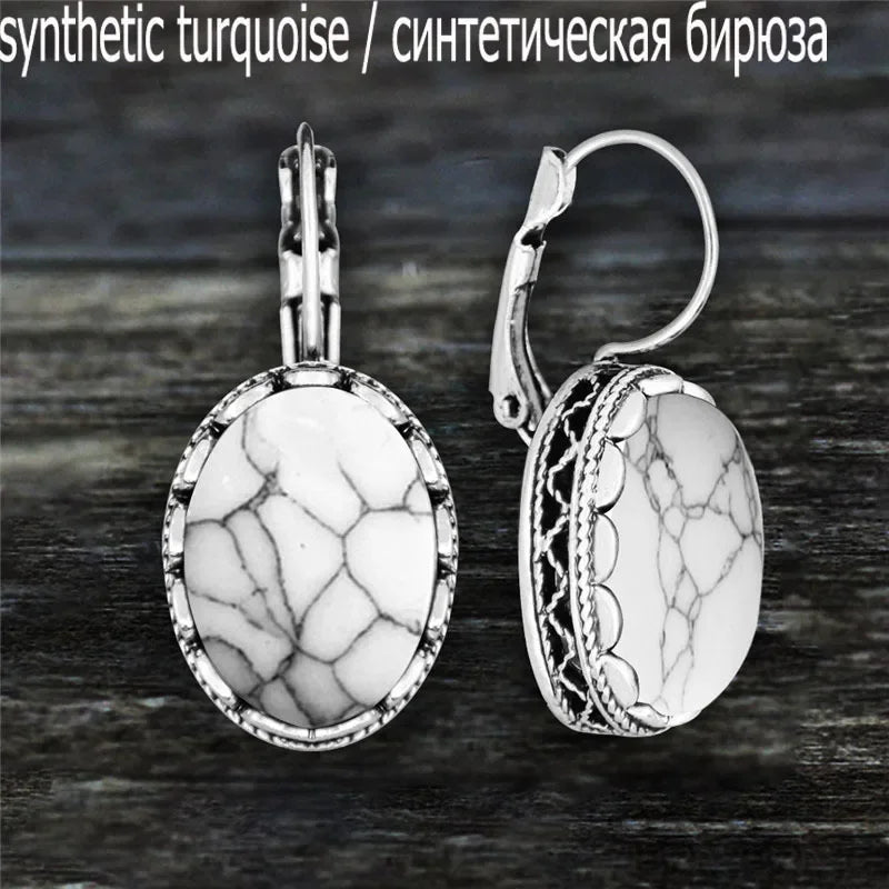 Oval Amethysts Earrings For Women Tibetan Silver Natural Stone Rose Quartz Lapis Lazuli Tiger Eye Fashion Earring