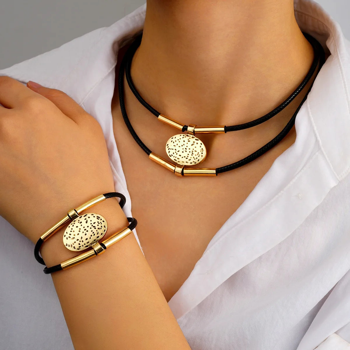 Leather Rope Oval Pendant Necklace Bracelet Set Jewelry