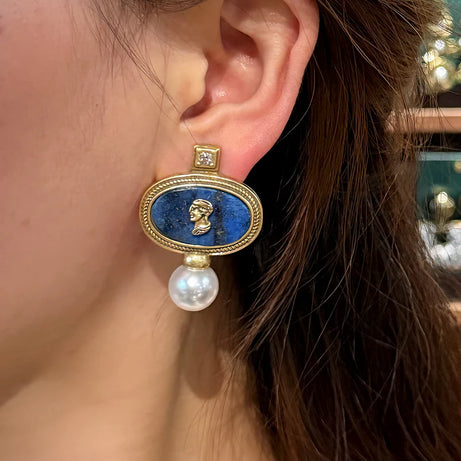 Vintage Lapis Lazuli Head Oval Stud Earring For Woman Accessories Pearl Gold Color Luxury Jewelry Designers Brand Thanksgiving - Charlie Dolly