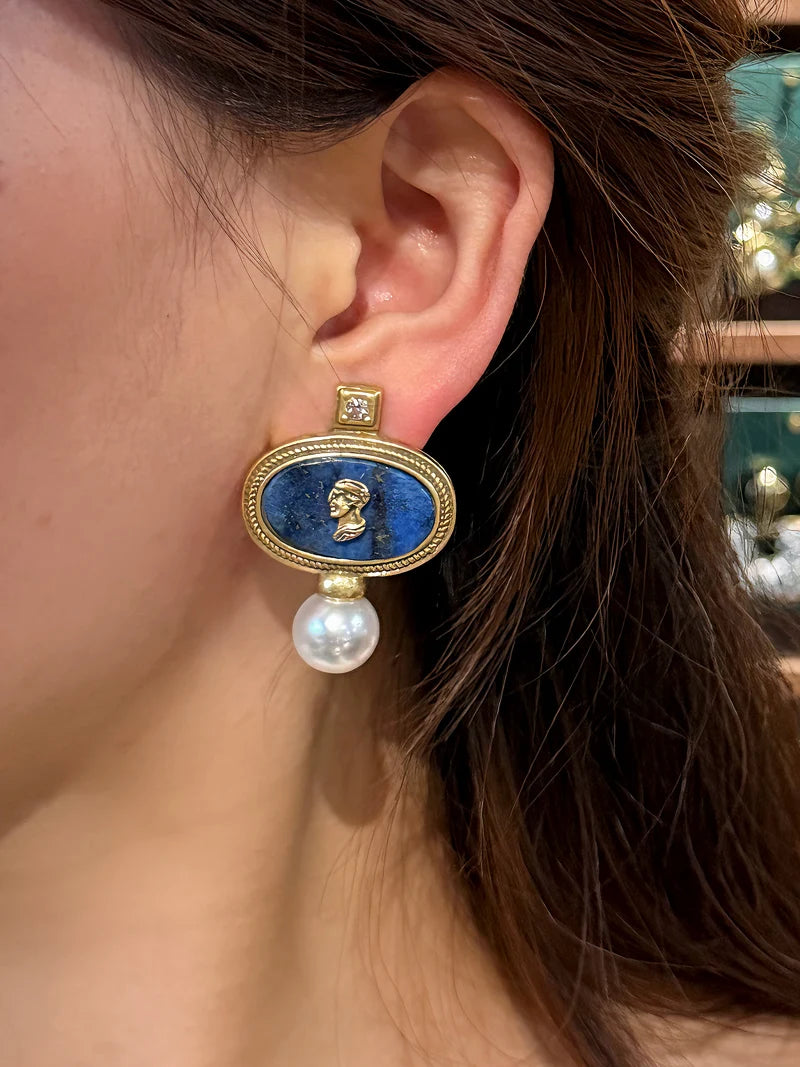 Vintage Cameo Jewelry Set Woman Avatar Pendent Pearl Necklace Lapis Lazuli Stud Earrings Blue Natural Stone Wedding Party 2026