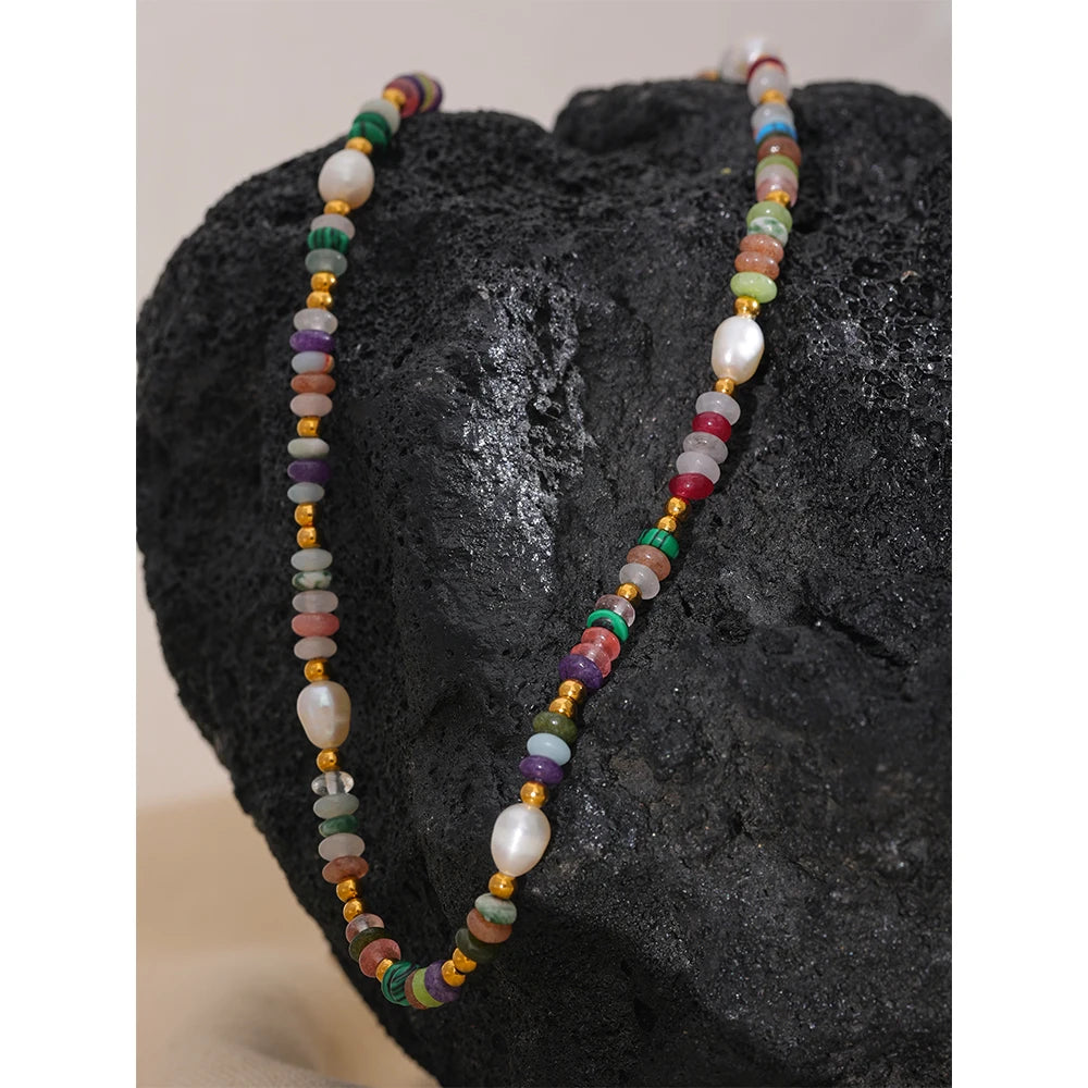 Yhpup Y2K Natural Pearl Stone Colorful Handmade Boho Necklace Women Stainless Steel Aesthetic Gold Color Fashion Jewelry