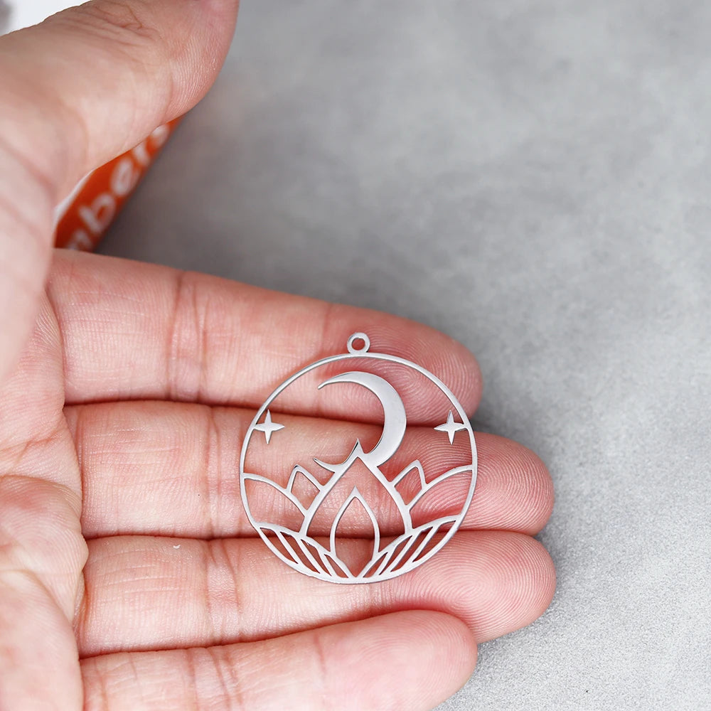 3pcs Exquiaite Amulet Moon Lotus Flower Charms DIY Craft Earrings Necklace Jewelry Making Yogo Buddhism Stainless Steel Pendant