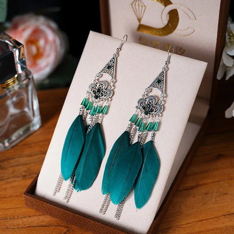 Green Enamel Feather Crystal Drop Earrings Jewelry