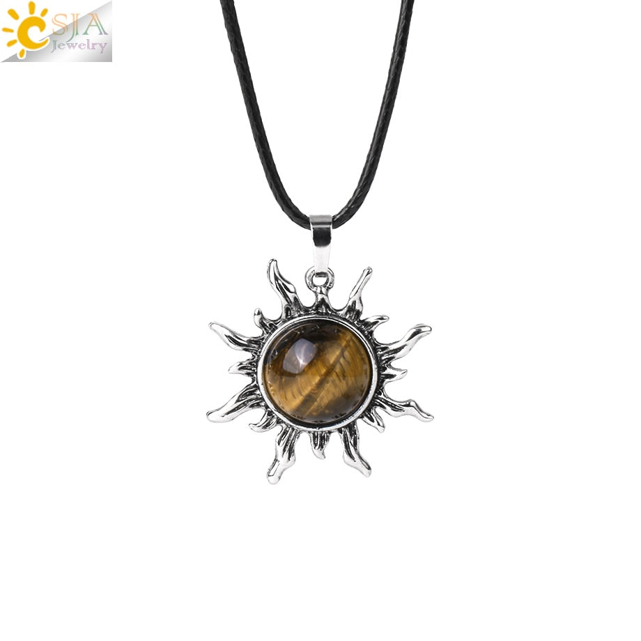 CSJA Vintage Sun Flower Pendant Natural Stone Crystal Necklace Genuine Round Amethysts Pink Quartz Obsidian Lapis Lazuli H120 - Charlie Dolly