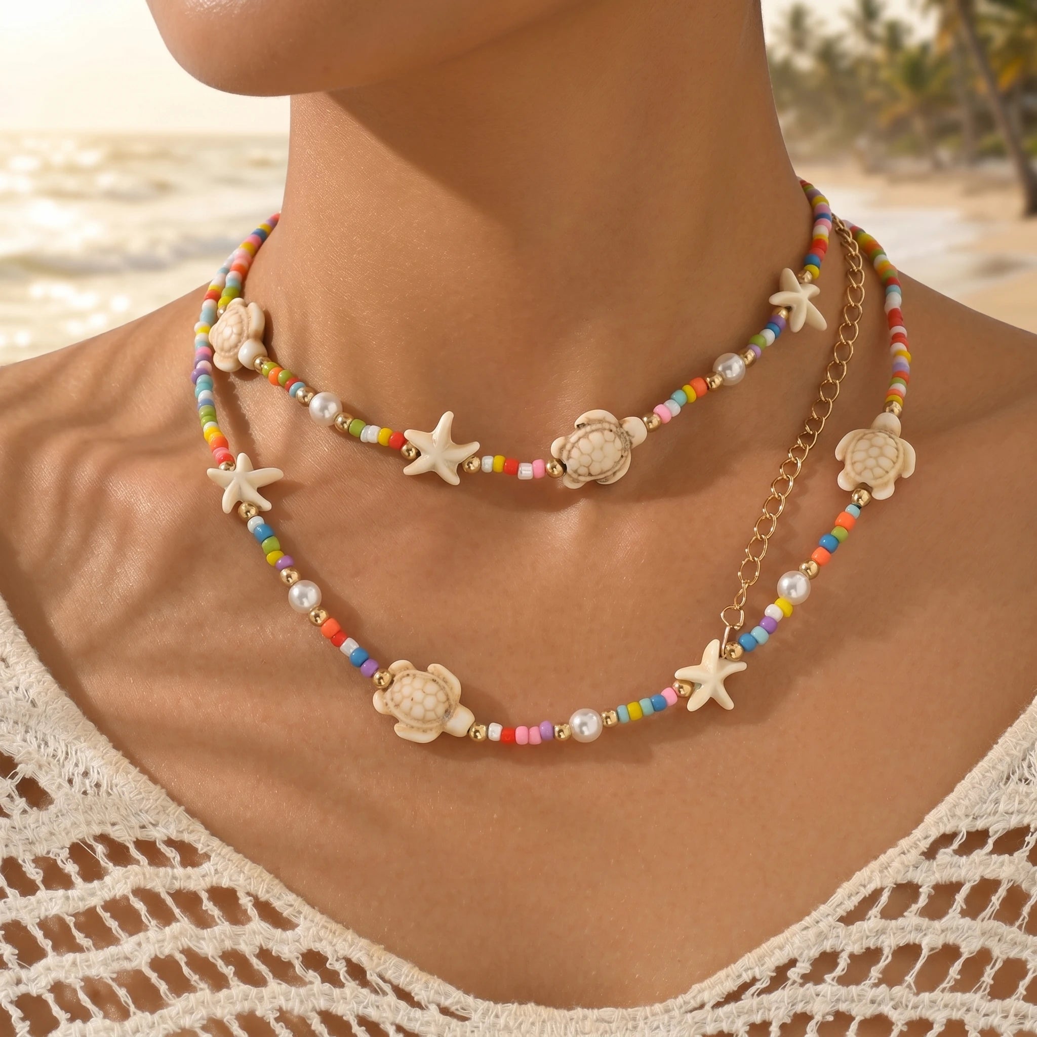 Turtle Starfish Beaded Layered Choker Necklace Jewelry