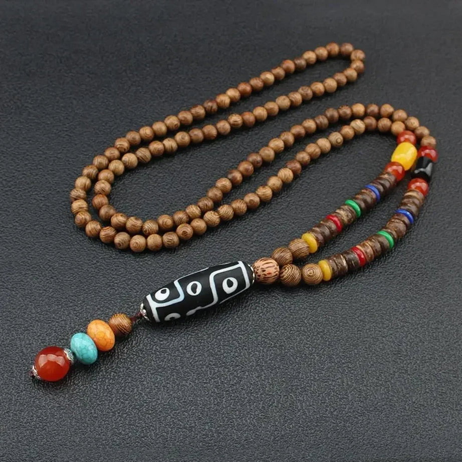 Nepal Wood Bead Mala Pendant Necklace Jewelry