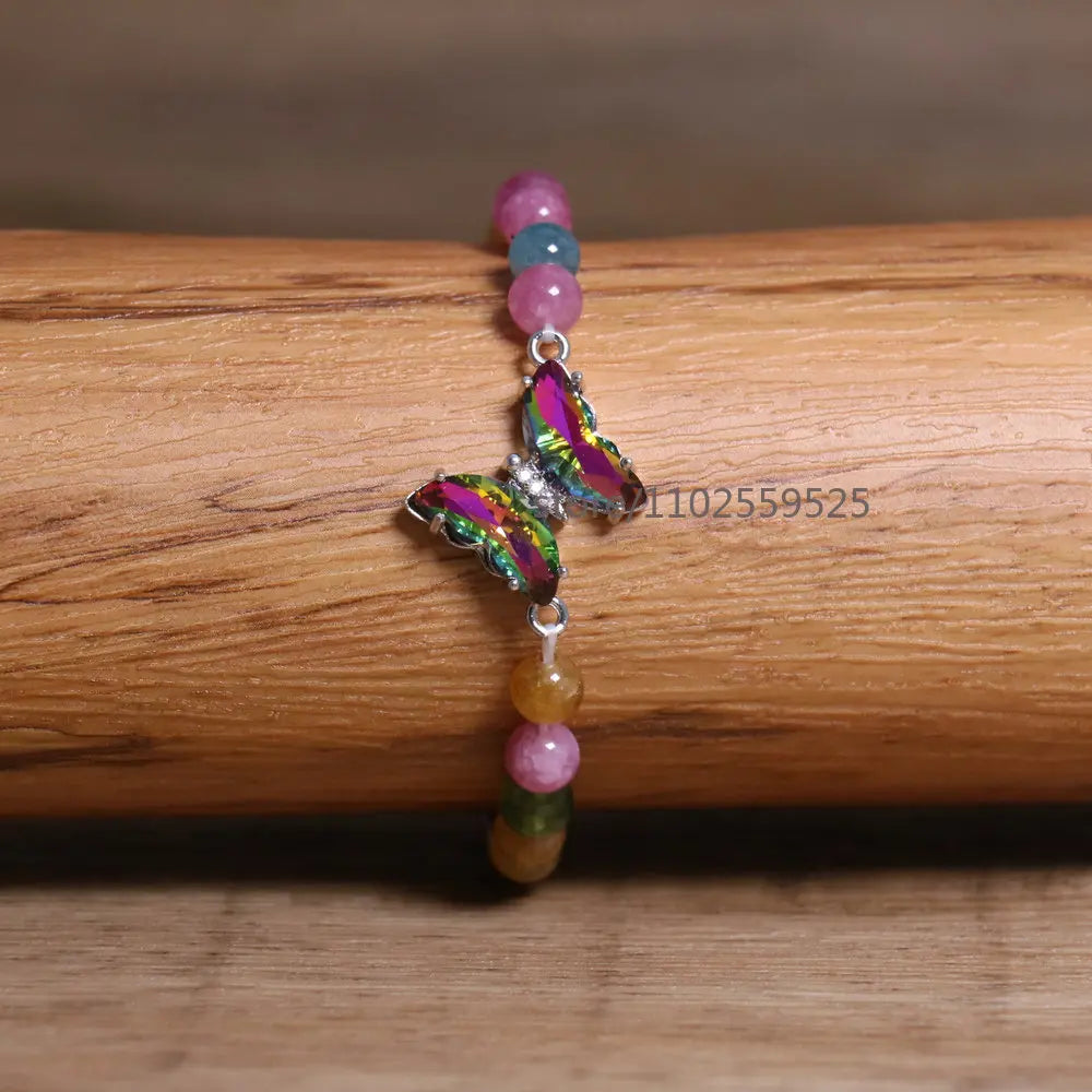 Natural  Rainbow tourmaline Agate Beaded Bracelet Adjustable Butterfly Charm Bracelet Women Boho Chic Stackable Jewelry Gift