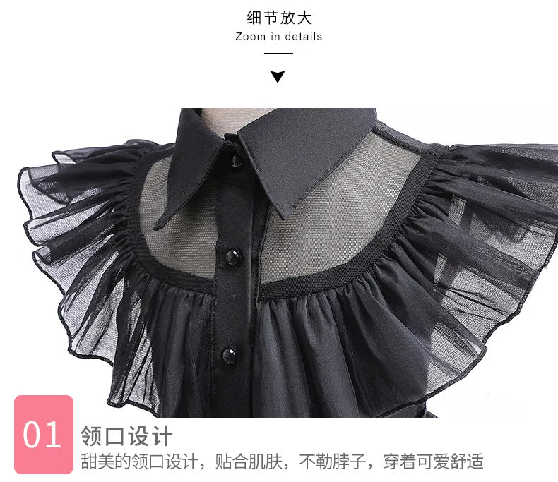 Wednesday Adams Children's Clothing Girls' New Mesh Flying Sleeves Solid Color Party Dress Halloween Gothic Style Cosplay Dress - Charlie Dolly