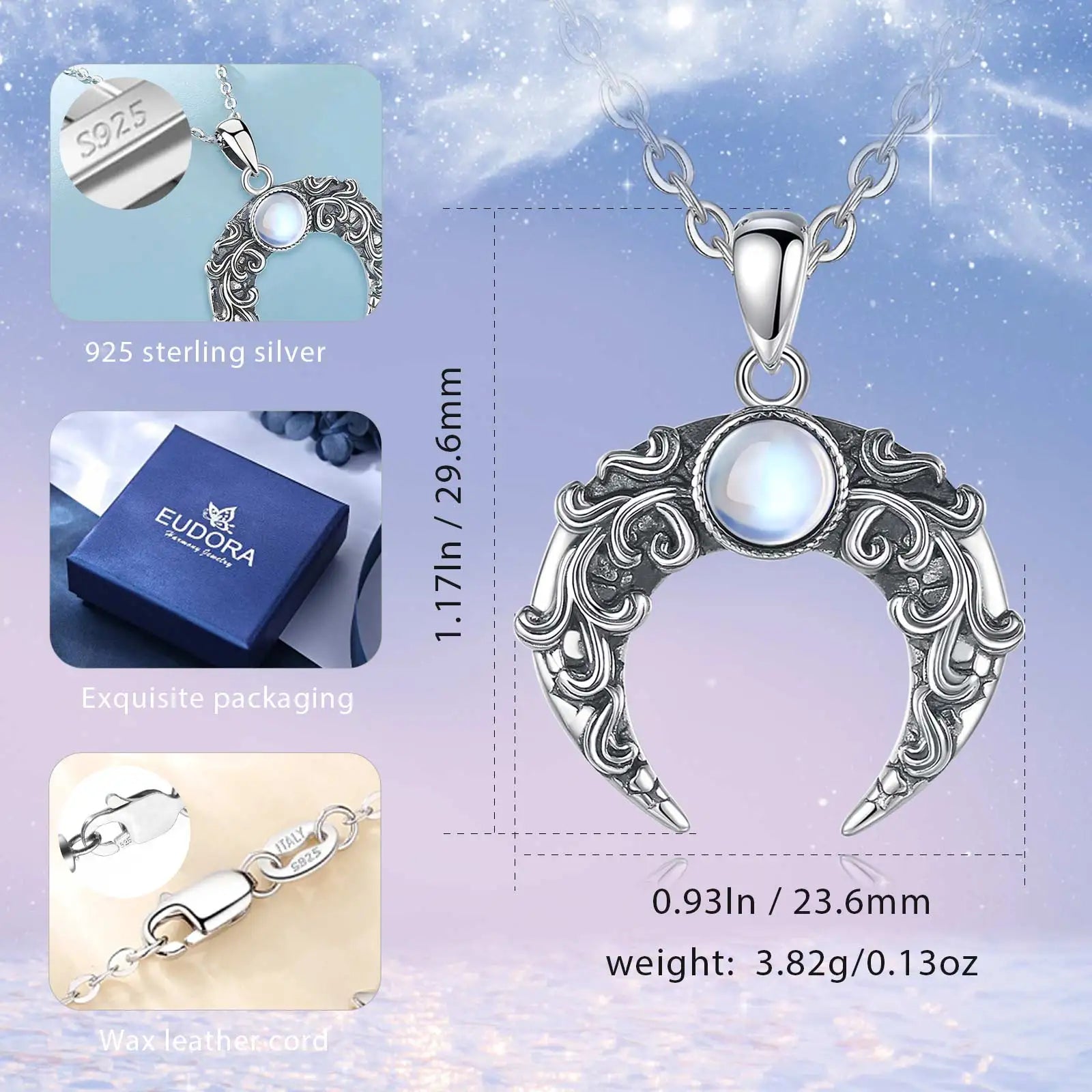 Eudora 925 Sterling Silver Moon Necklace for Women Man Vintage Tree of Life Moonstone Amulet Pendant Personality Jewelry Gift