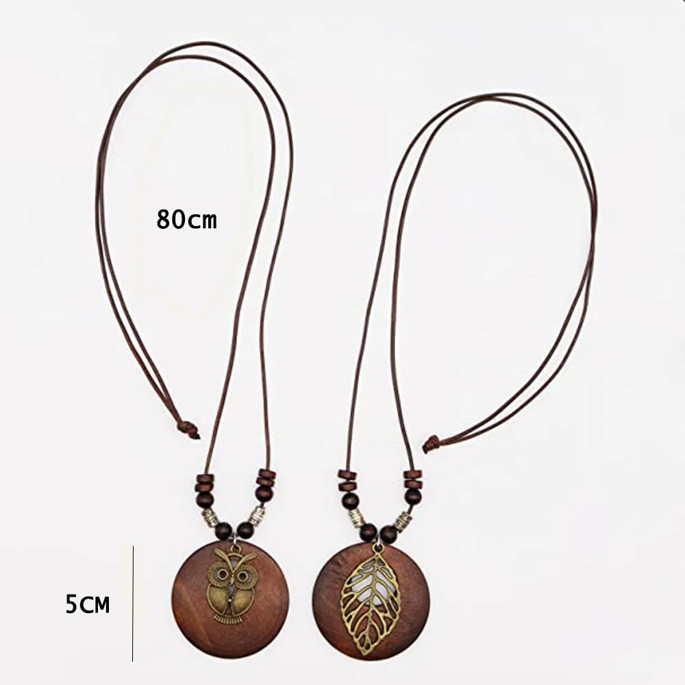 Wood Owl Leaf Pendant Wax Rope Necklace Jewelry