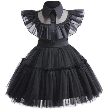 Wednesday Adams Children's Clothing Girls' New Mesh Flying Sleeves Solid Color Party Dress Halloween Gothic Style Cosplay Dress