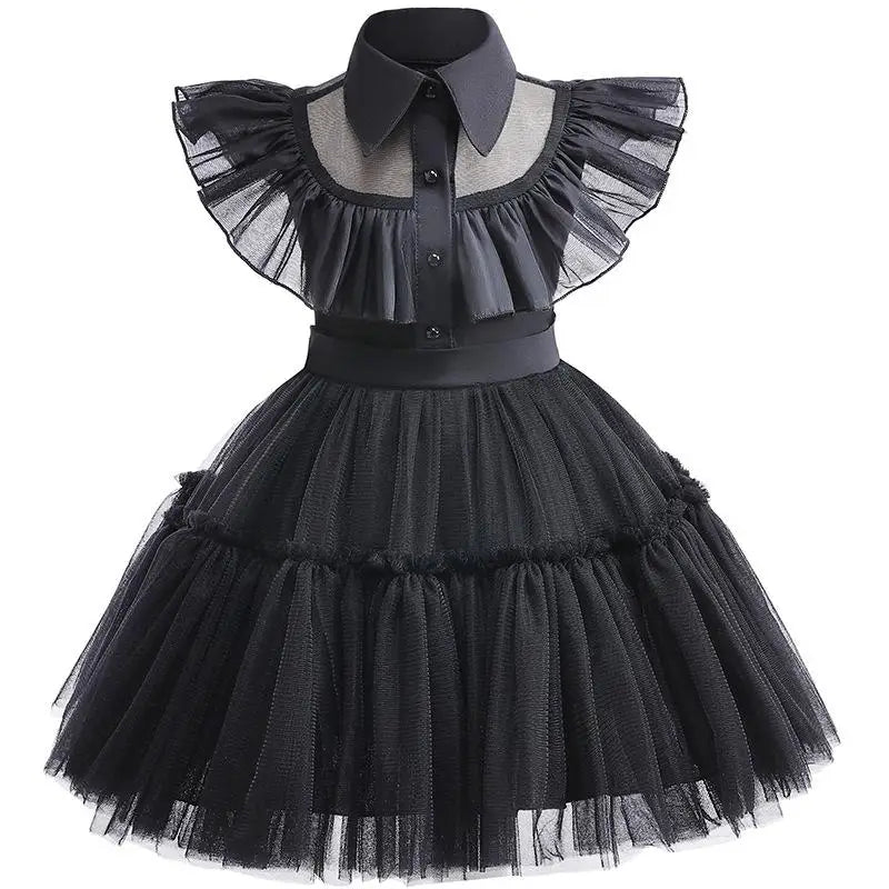 Wednesday Adams Children's Clothing Girls' New Mesh Flying Sleeves Solid Color Party Dress Halloween Gothic Style Cosplay Dress - Charlie Dolly