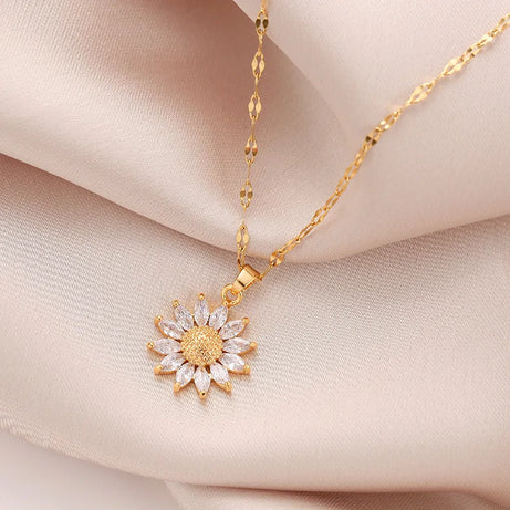 Gold Flower Zirconia Pendant Necklace, Titanium Steel Luxury Chain