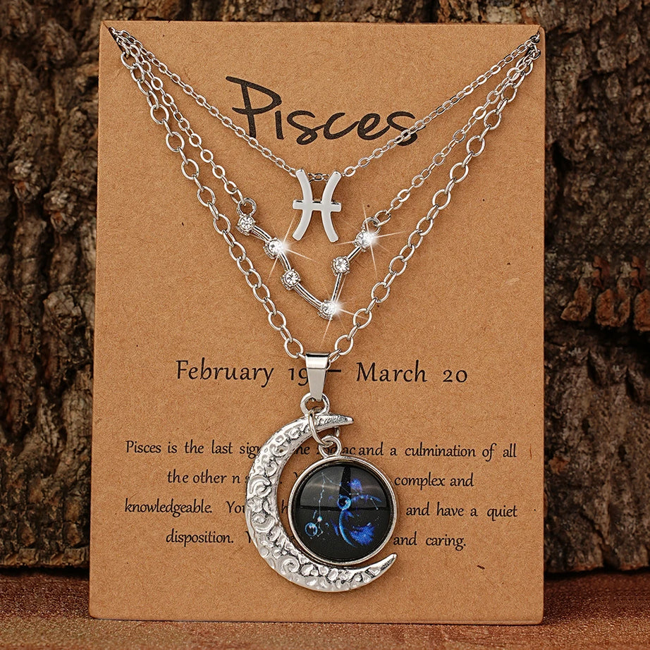 Zodiac Moon Glow Pendant Necklace Set of 3 with Birthstone Cards, Bestie & BFF Gift
