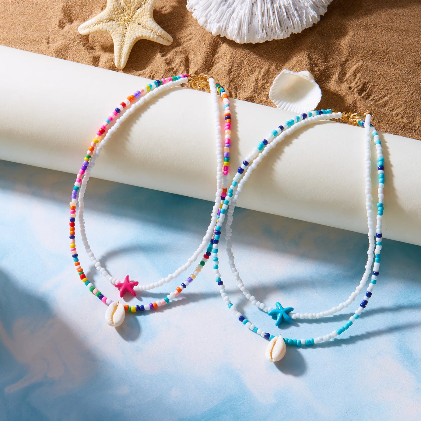 Starfish, Sea Turtle and Conch Beaded Layered Necklace