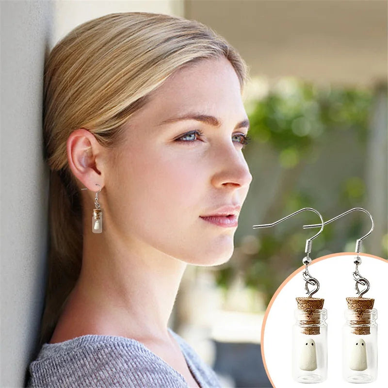 Halloween Tiny Glow Drifting Bottle Ghost Earrings Creative Design Blue Green Luminous Adopt A Ghost Drop Earrings Jewelry Gift - Charlie Dolly