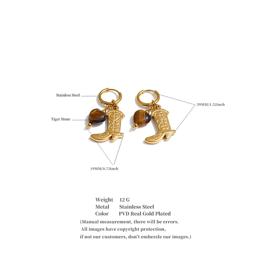 Natural Tiger Stone Boot Charm Drop Hoop Earrings, Stainless Steel Vintage Jewelry