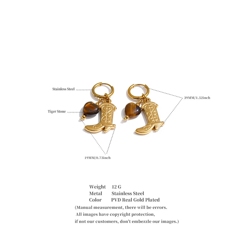 Yhpup Natural Tiger Stone Boots Shoes Pendant Drop Hoop Earrings Stainless Steel Charm Vintage Fashion Jewelry Prevent Allergy