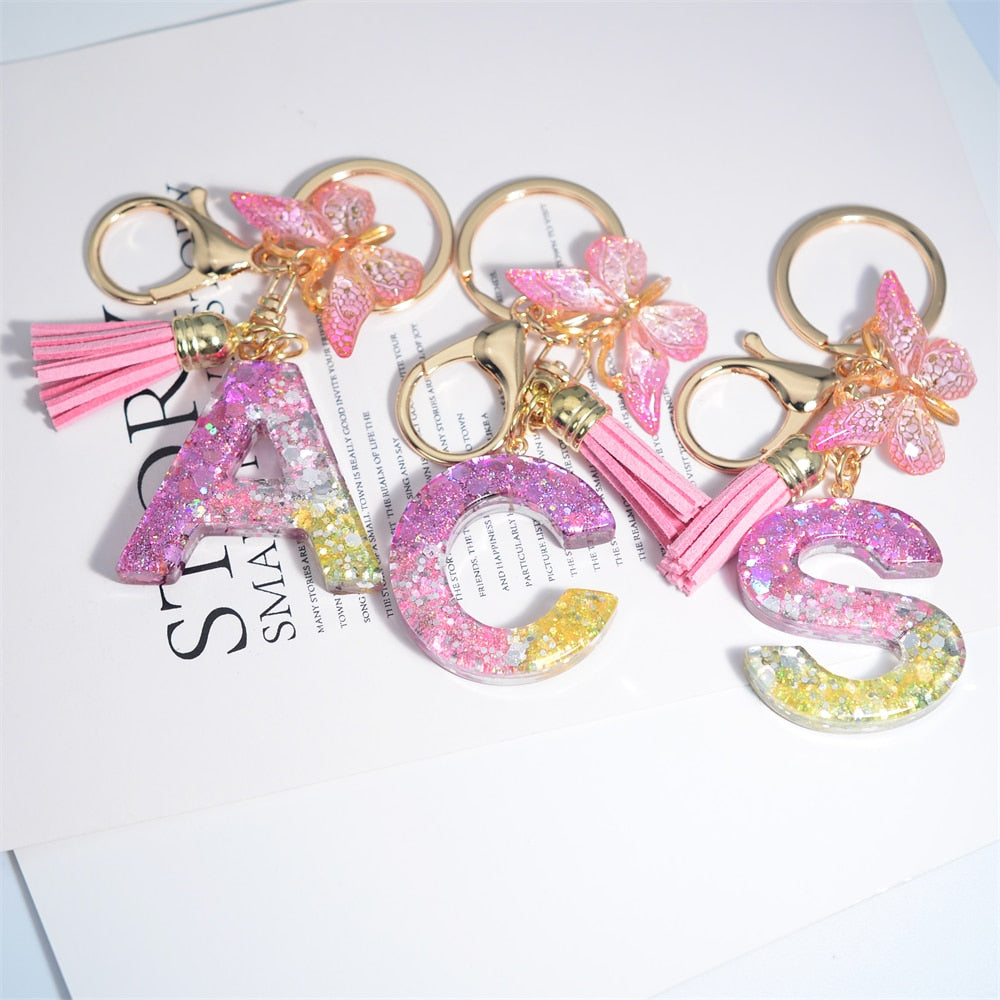 Cute Resin A-Z Initials Letter Keychain Pink Sparkle Butterfly Tassel Pendant Keyring for Women Girl Purse Handbags Jewelry Gift - Charlie Dolly