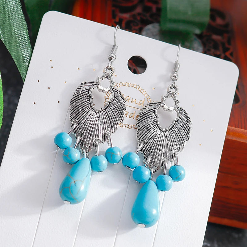 Boho Vintage Turquoise Water Drop Stud Earrings for Women Star Heart Flower Tribe Earring Statement Valentine Day Gift Jewelry
