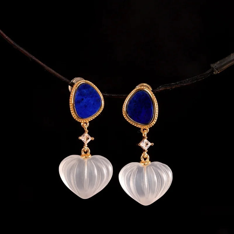 GEEZENCA 925 Silver Lapis Lazuli White Crystal Women's Drop Earrings 18K Gold Heart Waterdrop Dangle Earring Love Gift For Her