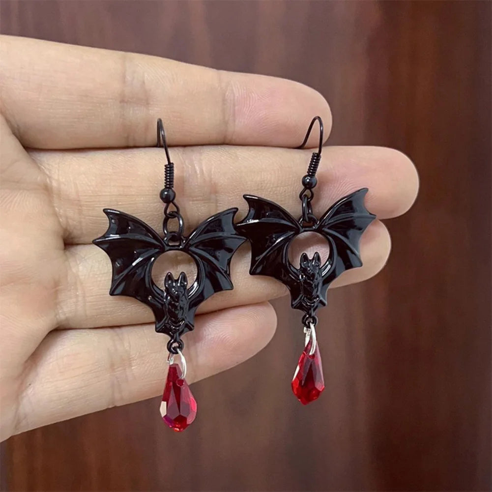 Gothic Vampire Bat Earrings Retro Dark Red Crystal Drop Earrings for Women Man Fashion Witch Jewelry Halloween Accessories Gifts