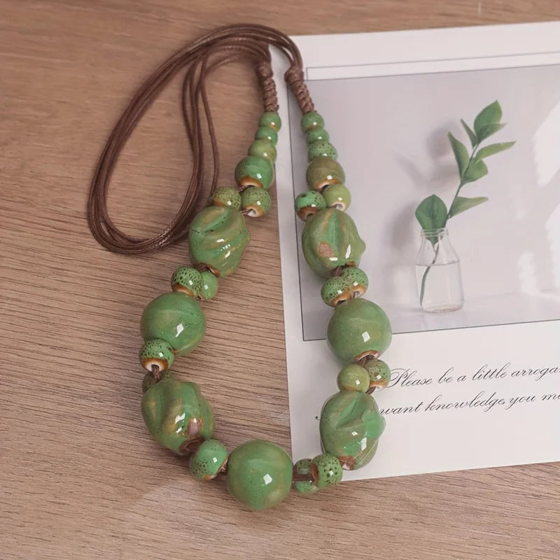 Hand Woven Ceramic Bead Adjustable Necklace Jewelry