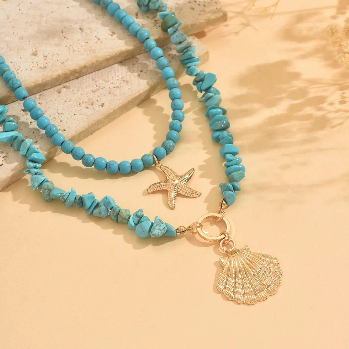 Turquoise Seashell Starfish Layered Choker Set Jewelry