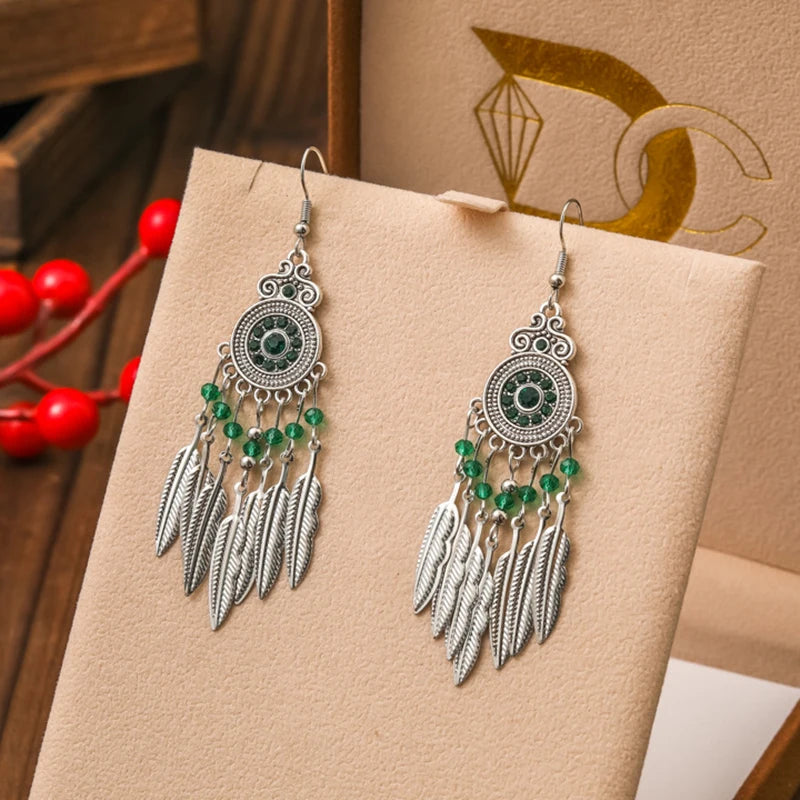 Fashion Boho Green Enamel Feather Earrings for Women Elegant Crystal Bead Stone Water Drop Earring Vacation Party Daily Jewelry