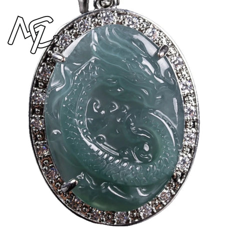 925 Silver Burmese Blue Water Jadeite Dragon Pendant Necklace, Ice Seed Sacred Amulet