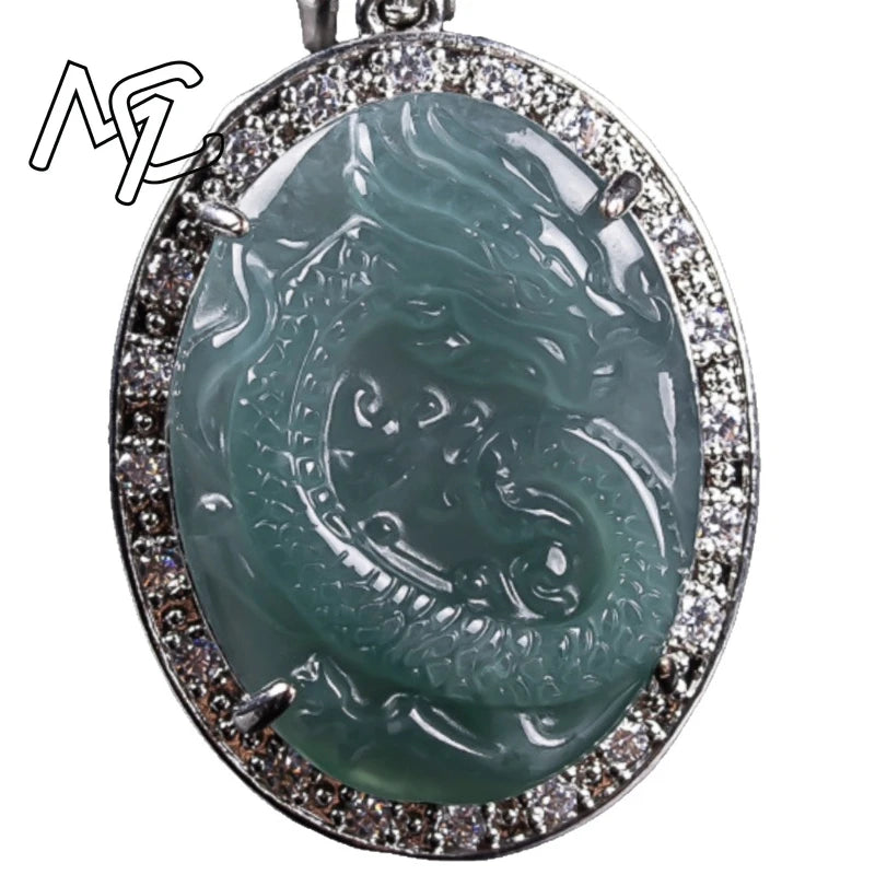 925 silver Burmese Emerald Jade Blue Water Ice Seed Dragon Pendant Jadeite Amulets Fashion Natural Jewelry Gifts for Men Women