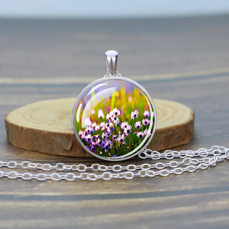 Pressed Flower Glass Pendant, Botanical Boho Nature Necklace