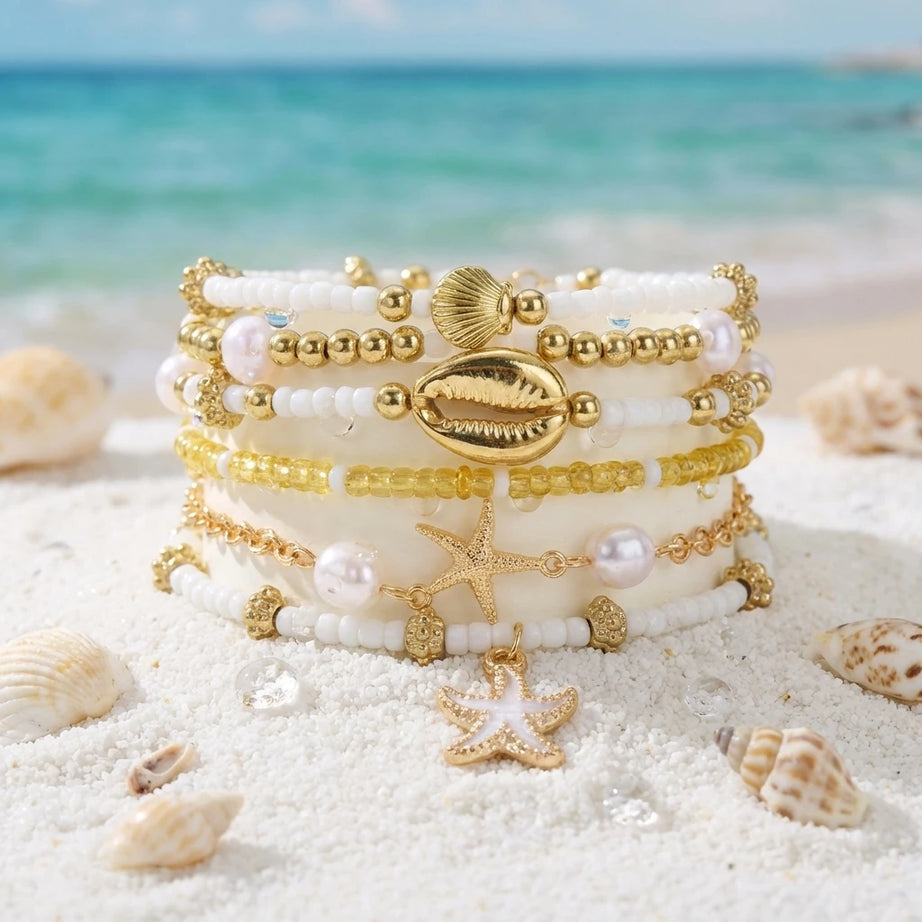 Shell and Starfish Pearl Beaded Stackable Bracelet Set (6 Pieces)