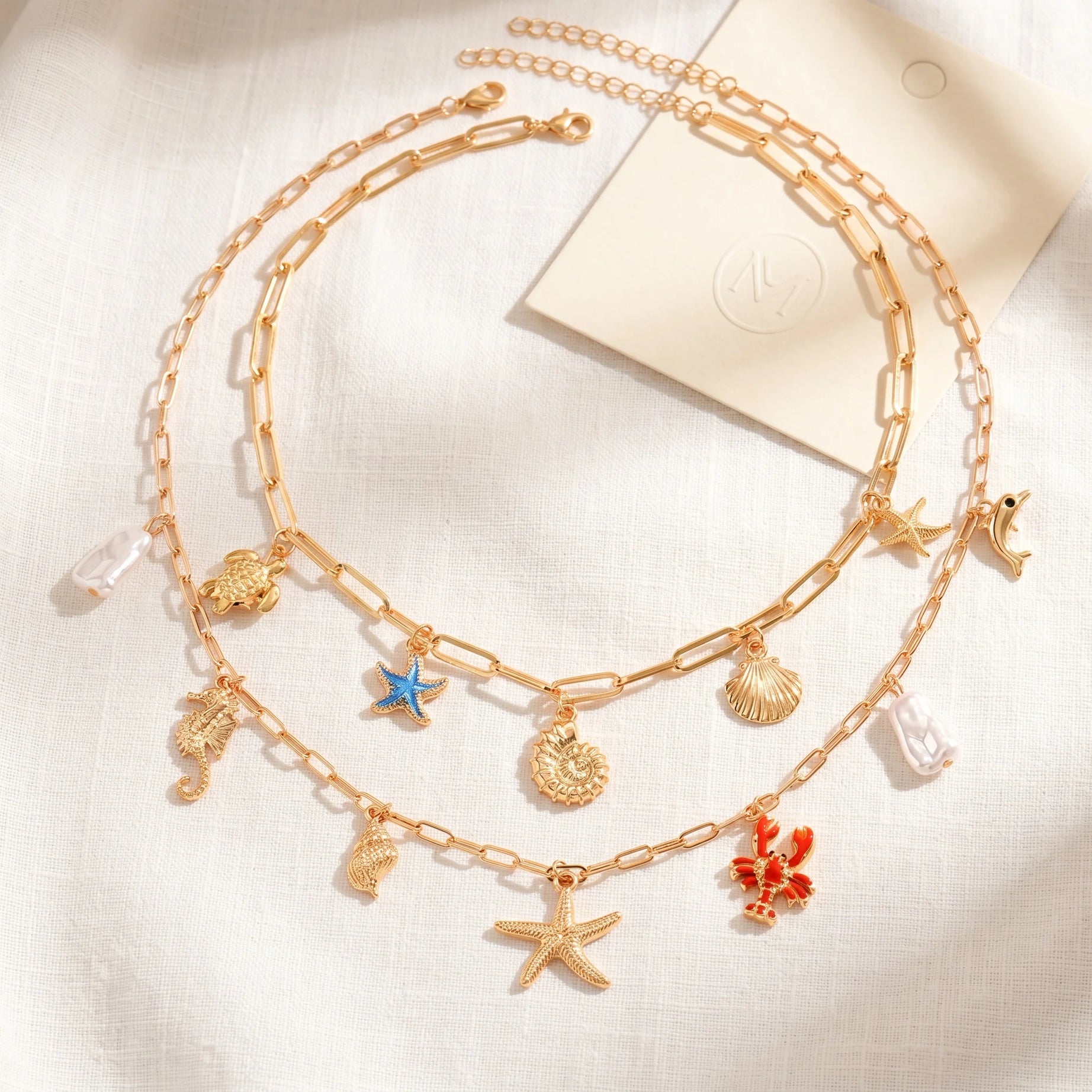 Layered Ocean Charm Paperclip Chain Boho Necklace Set