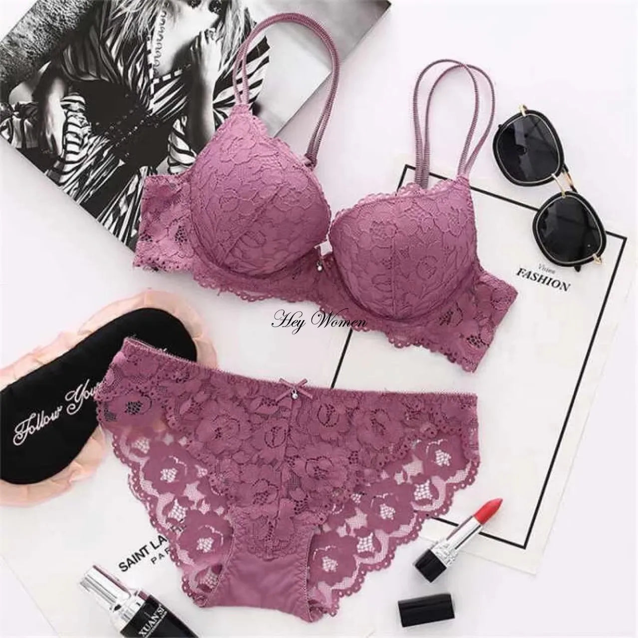 Sexy Bra Set Deep V Push Up Underwire Bralette Lace Floral Lingerie Set Comfort Bra and Panty Set Women Fashion Underwear Set