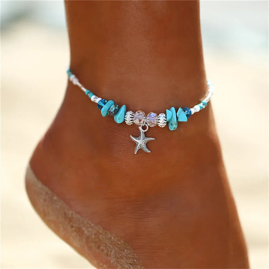 Shell, Starfish and Tortoise Handcrafted Boho Anklet
