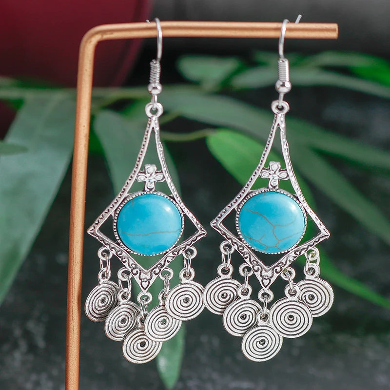 Boho Vintage Turquoise Water Drop Stud Earrings for Women Star Heart Flower Tribe Earring Statement Valentine Day Gift Jewelry