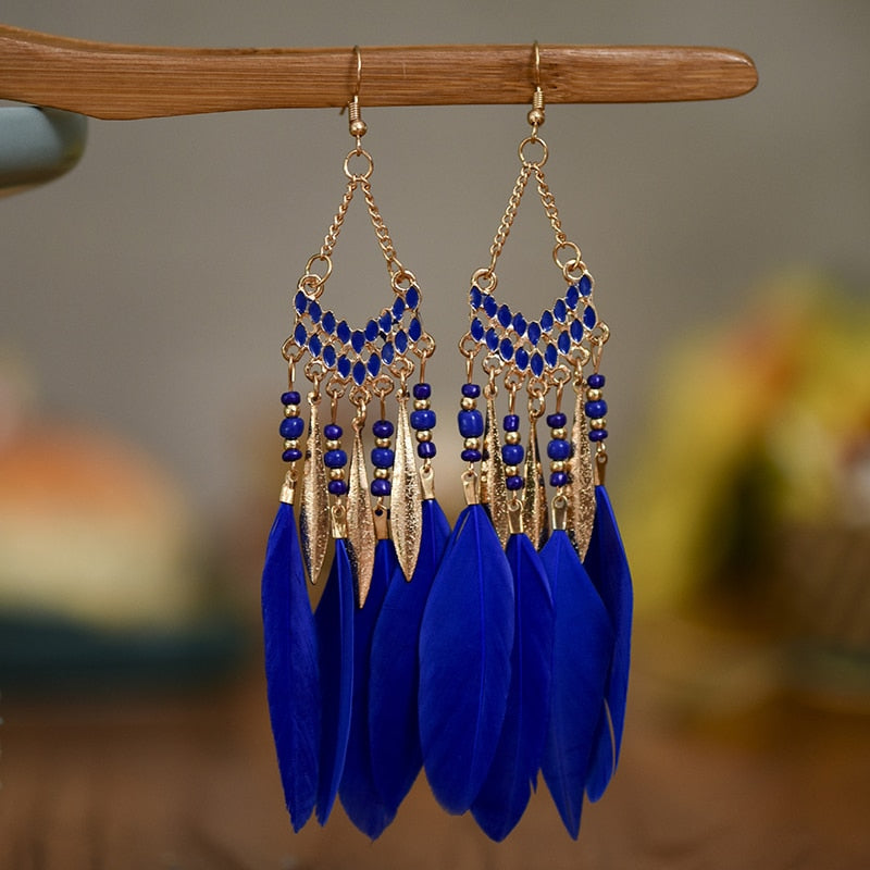 Bohemian Ethnic Feather Women's Earrings Long Drop Dangle Wedding Jewelry Indian Gold Color Handmade Beaded Earrings Pendientes - Charlie Dolly