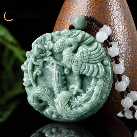 Myanmar Jadeite Phoenix & Peony Double-Sided Carved Pendant Necklace, Luxury Amulet