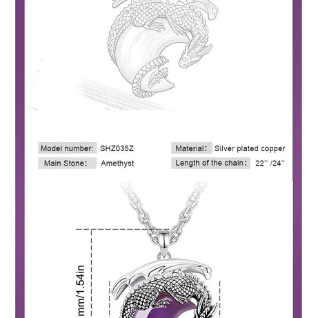 Natural Amethyst Dragon Crescent Moon Pendant Necklace, Healing Crystal Talisman