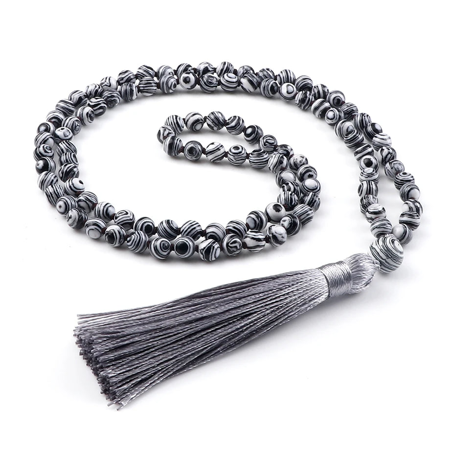 Men Natural Malachite Stones Necklaces Boho 108 Tiger Eye Beads Handmade Necklace with Tassel Yoga Medit Jewelry Gifts For Women - Charlie Dolly