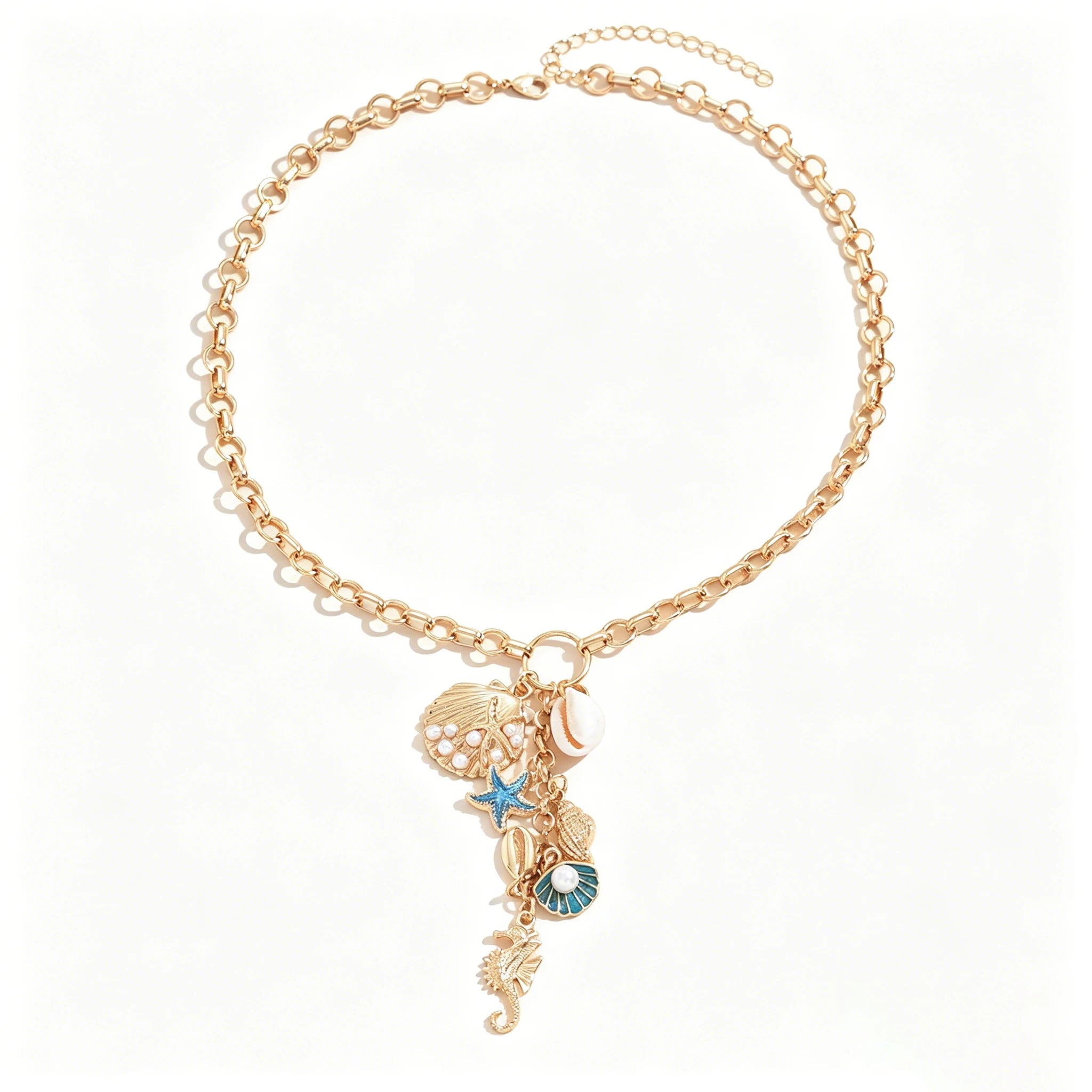 Chunky Gold Chain Necklace Ocean Beach Charms Starfish Shell Cowrie Seahorse Imitation Pearl Boho Summer Vacation Jewelry