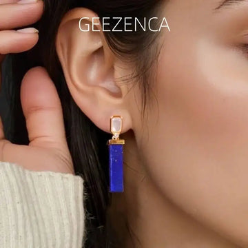 GEEZENCA 925 Silver Gold Plated Lapis Lazuli Bar Charm Dangle Drop Earrings Women CZ Geometric Oblong Simple Trendy Earring Gift