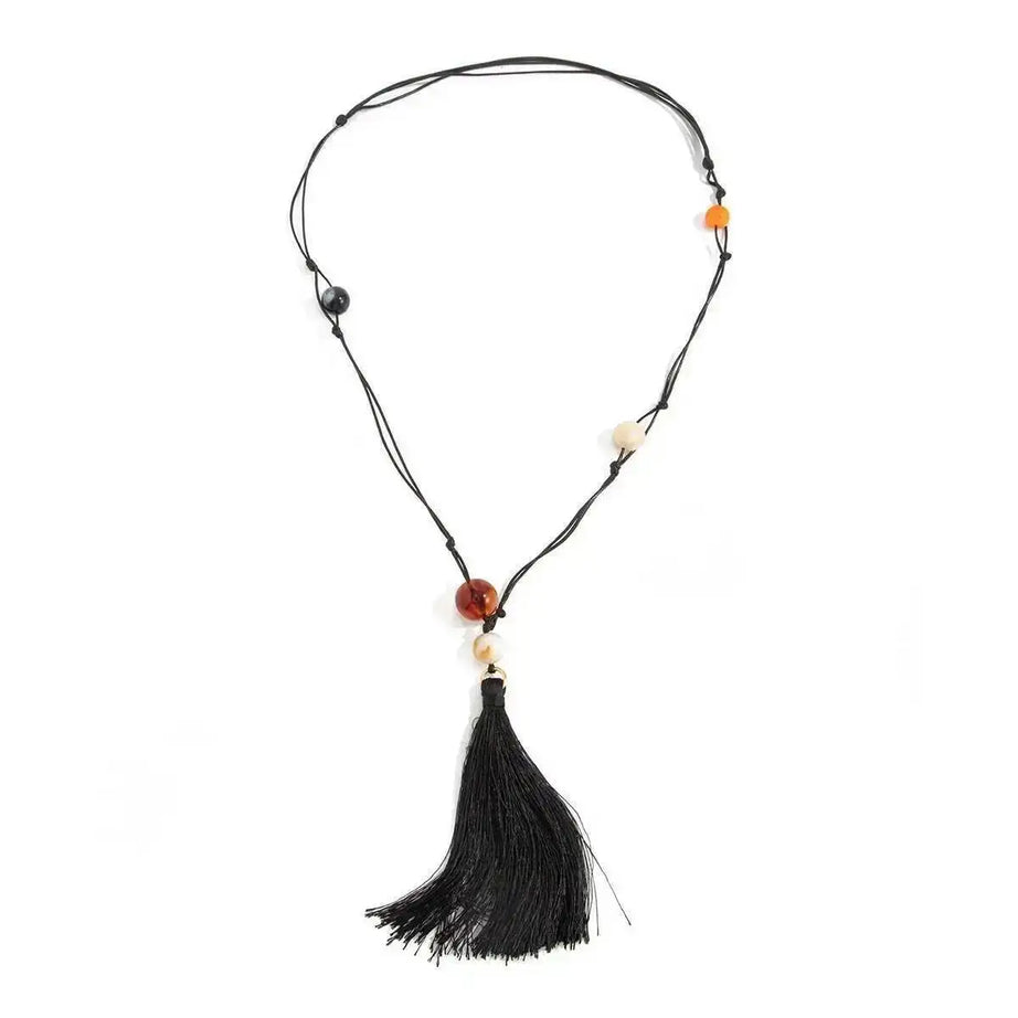 Resin Bead Tassel Leather Cord Necklace Jewelry
