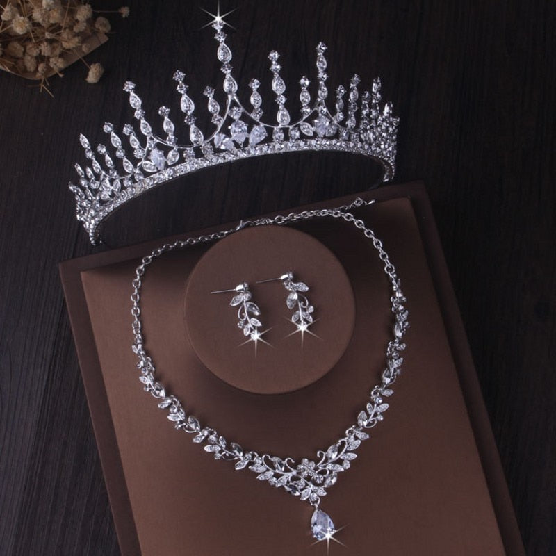 Gorgeous Silver Color Crystal Bridal Jewelry Sets Fashion Tiaras Crown Earrings Choker Necklace Women Wedding Dress Jewelry Set - Charlie Dolly
