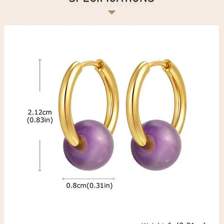 Natural Amethyst Beaded Hoop Earrings, Gold-Plated Stainless Steel Waterproof Jewelry